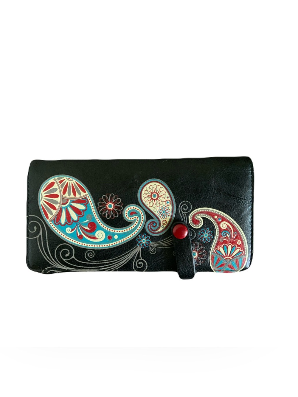 Espe Black Vegan Leather Paisley-Print Wallet with Turquoise & Red Accents